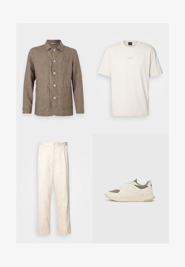 Brown linen jacket with a collared neckline, five front buttons, two patch pockets, and a tailored fit. Soft texture and classic design.; BOSS TEE - Basic T-shirt - open white; Beige cotton trousers with a straight-leg cut, featuring a button closure and pleats at the front for added detail.; White and light beige athletic sneaker, featuring a mesh upper, perforated detailing, and a textured midsole with branding on the heel.