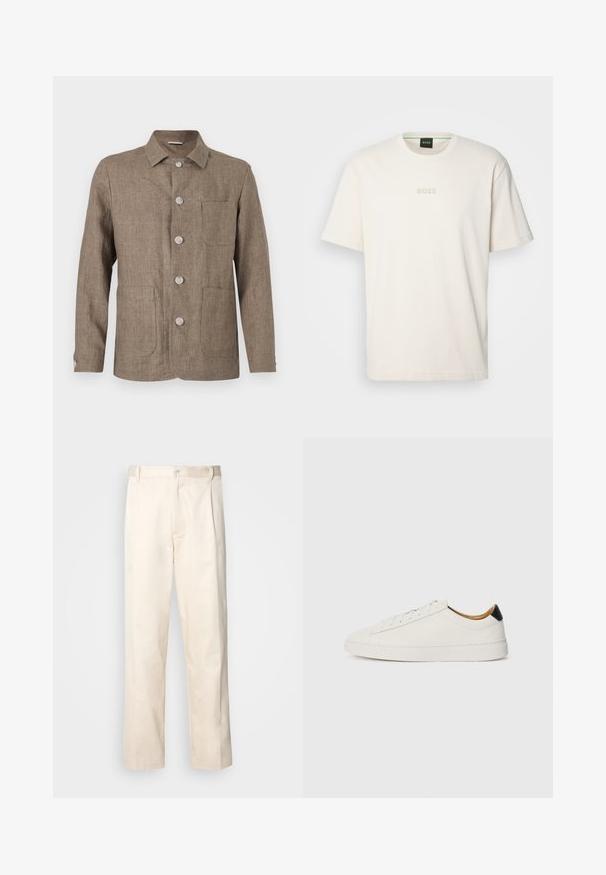 Brūns lina žakets ar apkakles kaklu, pieciem priekšējiem pogām, divām kabatām un piegriezumu, kas uzsver figūru. Patīkama tekstūra un klasiskā dizaina.; BOSS TEE - Pamata T-krekls - open white; Bežā krāsā auduma bikses ar taisnu kāju griezumu, pievienotām pogu aizdares un priekšējiem krokām papildu detaļām.; Balti apavi ar gludu ādas augšdaļu, apaļu purngalu un plakanu zoli. Melns akcentus papēdī, ar tonālām šņorēm un minimālu zīmolu.