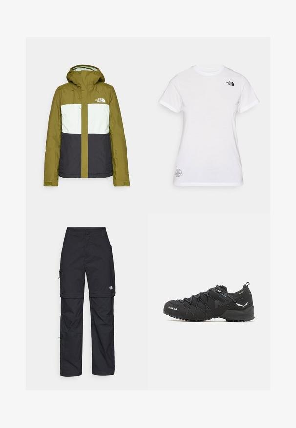 Spalvota striukė, turinti alyvuogių žalią, mėtų ir tamsiai mėlyną spalvų blokų derinį. Pagaminta iš vandeniui atsparios medžiagos su gobtuvu ir reguliuojamais rankogaliais.; Balta medvilninė marškinėliai su juodu logo kairiajame krūtinės šone ir pilku grafiniu dizainu apatiniame dešiniajame kampe. Klasikinis apvalus kaklas ir trumpomis rankovėmis.; Juodos nailoninės krovinių kelnės su reguliuojamais rankovėmis, daugybe kišenių ir logo ant dešinės kojos. Lygi, lengva tekstūra.; Juodi žygio batai su tekstūruotu audiniu, raišteliais ir tvirtu guma padu. Papuošti atspindinčiomis detalėmis ir logotipais.