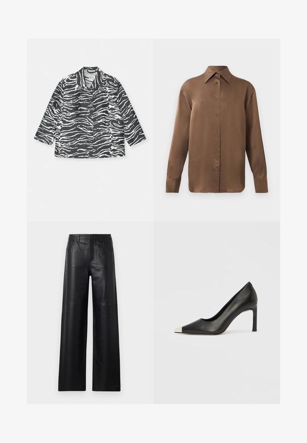 Jakna z reči črno-belih prog, s ovratnikom, z gumbi spredaj in dolgimi rokavi, izdelana iz teksturiranega materiala.; Rjav dolg rokav s srajco s gumbi in koničastimi ovratniki in manšetami, prikazana na enostavni beli podlagi.; Široke črne usnjene hlače gladke teksture, s sprednjimi žepi, gumbom za zapiranje in subtilnimi detajli šivanja.; Črni usnjeni čevelj z visokim petom, s koničastim prstom in kovinsko srebrno kapico. Ima gladko površino in vitko peto višine 10 cm.