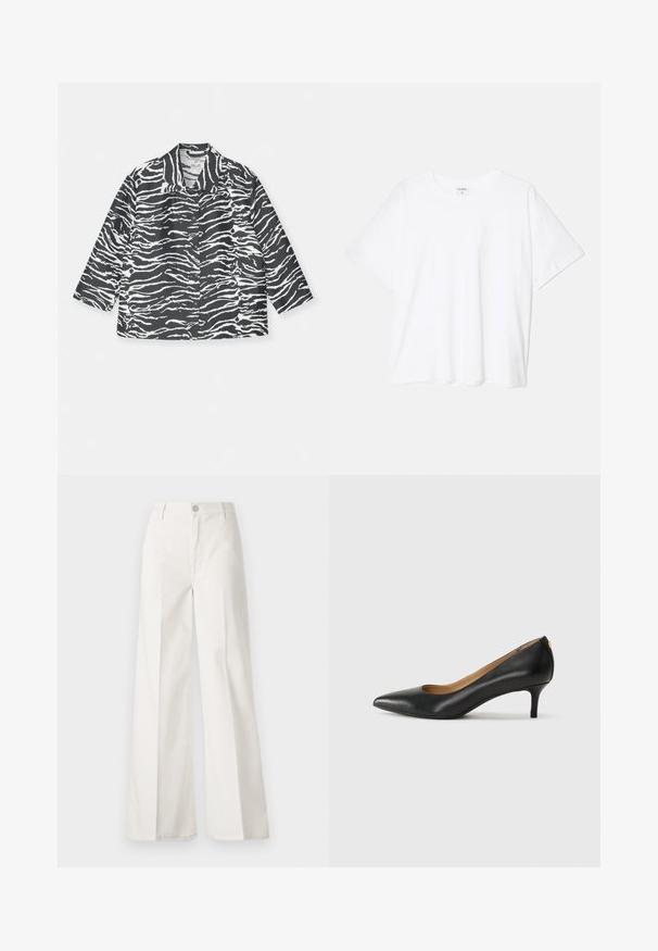 Casaco riscado de zebra em preto e branco com gola, fecho de botões na frente e mangas longas, feito de um tecido texturizado.; T-shirt de algodão branco com mangas curtas, decote redondo, corte descontraído e bainha cosida. Etiqueta visível no interior do pescoço.; Calças largas brancas feitas de algodão com uma textura suave. Apresenta um botão frontal, fecho de correr e um design de quatro bolsos.; Sapato de salto alto em pele preta com bico fino, salto baixo e textura suave. Apresenta uma ligeira abertura na parte da frente e mínima ferragem na parte de trás.