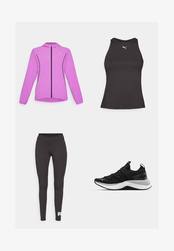 Lettvektsidrettsjakke i klarrød, med hette, full glidelås foran, svarte detaljer og elastiske mansjetter for en sikker passform.; Svart trenings-tank topp med høy hals, med en liten hvit Puma-logo på venstre bryst. Laget av glatt, elastisk stoff.; Sorte leggins laget av elastisk stoff, med høy midje og en hvit logo trykt på nedre venstre ben. Glatt tekstur.; Sorte treningssko med en teksturert overdel, elastiske stropper og en tykk hvit mellomsåle. Har en grå aksent langs sålen.