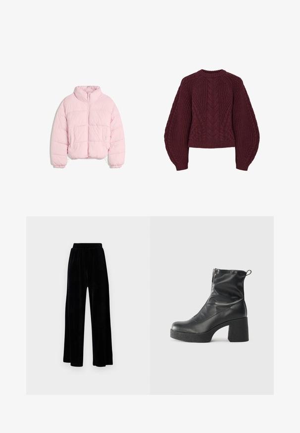 Jachetă pufoasă roz deschis, cu guler înalt, fermoar frontal, manșete elastice și două buzunare frontale, pe un fundal alb.; Pulover tricotat burgund cu modele texturate în cablu, gât rotund și mâneci bufante. Manșetele și tivul ribbate pun în evidență designul.; Pantaloni negri cu picioare largi, din catifea moale, prevăzuți cu un corset elastic și o textură fină, fără detalii sau modele vizibile.; Bocanci negri de glezna din piele netedă, cu fermoar lateral, toc texturat și masiv, și design cu vârf rotund.