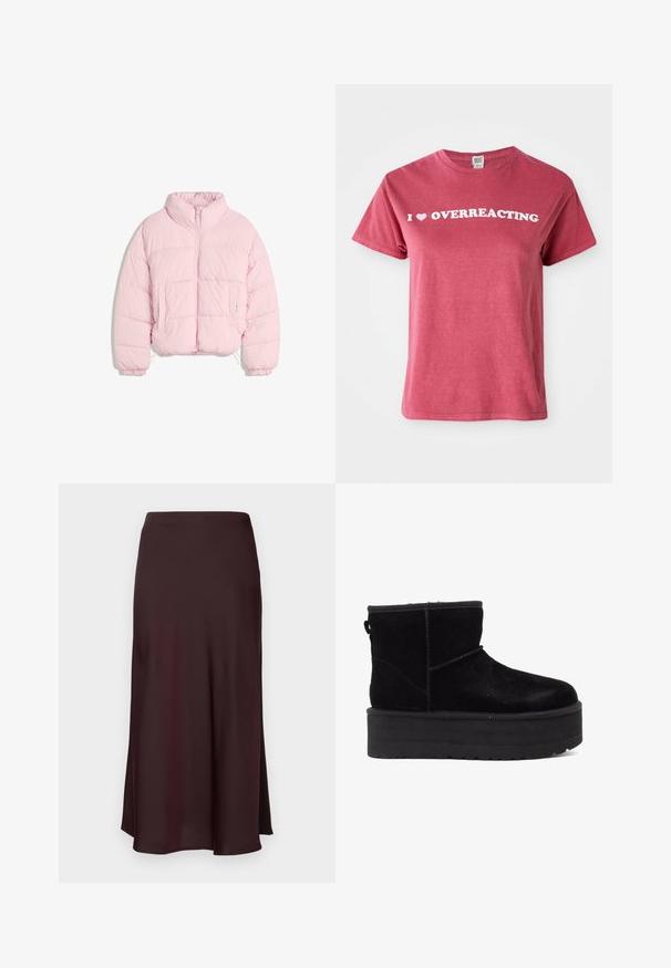 Jasnoróżowa kurtka puchowa z wysokim kołnierzem, zamek z przodu, elastyczne mankiety i dwie frontowe kieszenie na białym tle.; Bordowa bawełniana koszulka z krótkim rękawem, z białym napisem "I ♥ OVERREACTING" na piersi. Prosty krój z okrągłym dekoltem.; Burgundowa satynowa spódnica midi o gładkiej fakturze, prostym kroju i lekko rozkloszowanym dole. Bez widocznych wzorów ani elementów metalowych.; Czarne zamszowe botki za kostkę z grubą platformą i miękką podszewką. Wykończone akcentami przeszycia oraz z tylną pętelką ułatwiającą zakładanie.