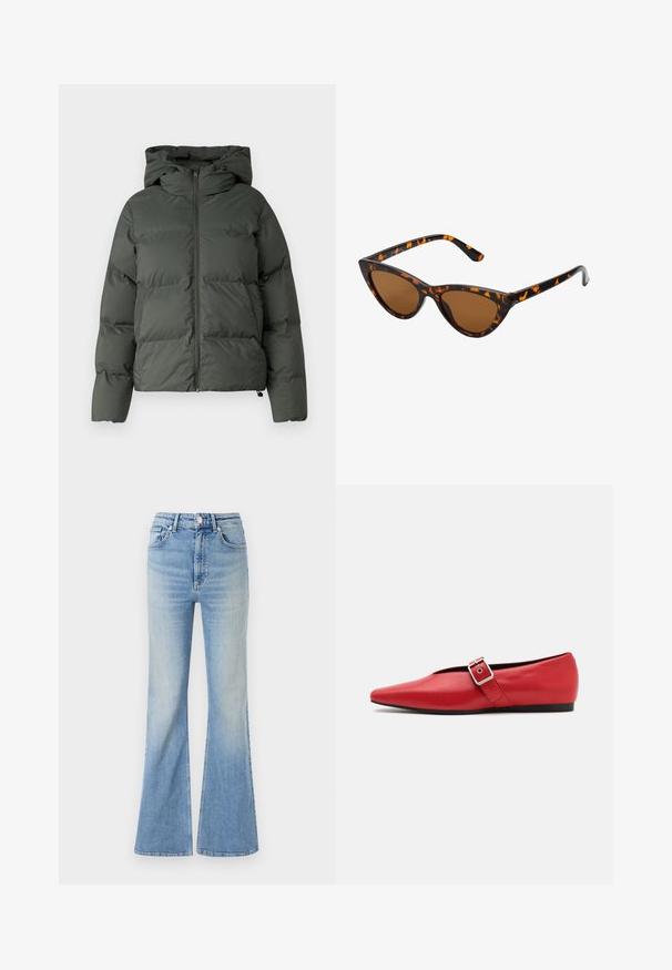 Puhasta jakna temno zelene barve, ki ima kapuco, zadrgo spredaj in quiltnato teksturo z vodoravnimi prešite. Gladek mat videz.; Sivkasta, skrajšano pulover iz teksturirane tkanine. Ima visok ovratnik in dve sprednji žepi, sproščen kroj. Dolgi rokavi.; Svetlo modri široki kavbojki iz denima, z visokim pasom, petimi žepi in subtilnim postopnim zbledanjem proti robu.; Rdeče usnjene balerinke s koničastim nosom, z bočnim trakom z kovinsko sponko in nizko črno peto. Gladka tekstura po celotni površini.; Mačje oči sončna očala z okvirom v črno-oranžni želvej ohišji, rjavimi lečami in elegantnimi, ostrimi konicami. Imajo minimalistični logo na ročaju.; Srebrni uhani v obliki obročka s spiralnim dizajnom, ki imajo sijajno površino in zapiralo na zadnji strani. Mere znašajo približno 3 cm v premeru.