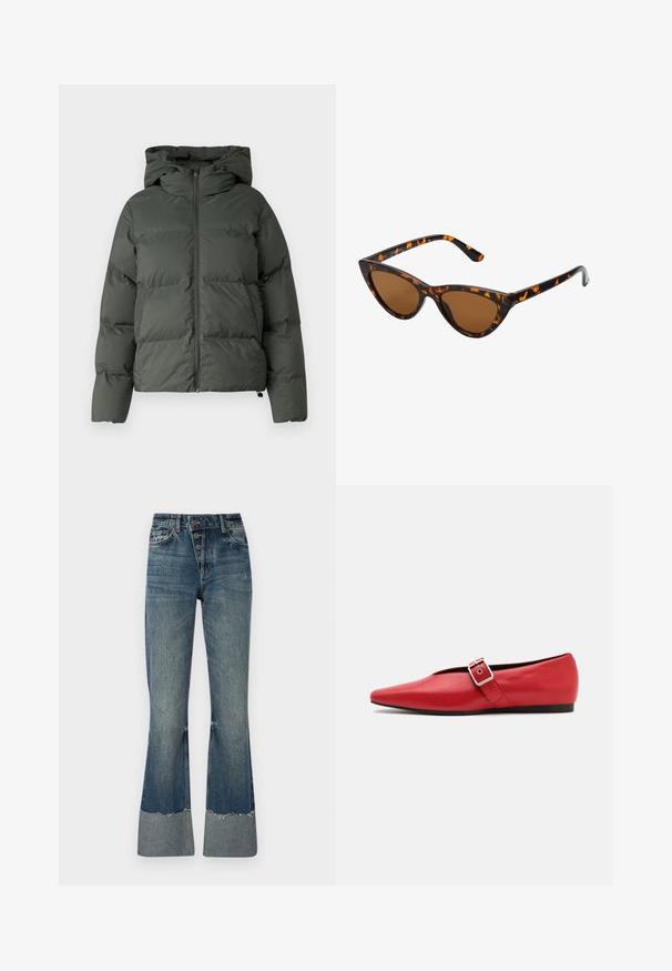 Patrika jakna tamnozelene boje, s kapuljačom, patentnim zatvaračem sprijeda i quiltanom teksturom s horizontalnim šavovima. Glatka mat površina.; Sivi, skraćeni duks izrađen od teksturirane tkanine. Ima visoki ovratnik i dva prednja džepa te ležeran kroj. Dugi rukavi.; Traperice s vilicom u srednje plavoj boji, visokog struka, s pet dugmadi i rasparanim rubom. Imaju svjetliju manžetnu na dnu i izblijedjeli izgled.; Crvene kožne ravne cipele sa špicastim vrhom, koje imaju bočnu traku s metalnom kopčom i nizak crni potplat. Glatka tekstura kroz cijelu cipelu.; Sunglasses u obliku mačjih očiju s okvirom u crno-narančastom kornjačevom uzorku, smešnim lećama i elegatnim, šiljastim vrhovima. Sadrži minimalni logo na dršci.