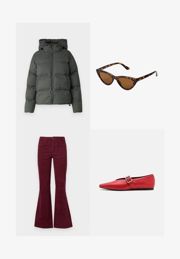 Chaqueta inflable en verde oscuro, con capucha, cierre frontal con cremallera y textura acolchada con baffles horizontales. Acabado mate suave.; Suéter gris cropped hecho de tela texturizada. Presenta un cuello alto y dos bolsillos frontales con un corte relajado. Mangas largas.; Jeans de pana burdeos acampanados con cinco bolsillos, cierre de botón en la parte delantera y tejido texturizado. Las campanas se extienden desde la rodilla hasta el dobladillo.; Zapato plano de cuero rojo con punta afilada, que presenta una correa lateral con una hebilla de metal y un tacón bajo negro. Textura suave en toda su superficie.; Gafas de sol estilo ojo de gato con montura de carey negra y naranja, lentes marrones y puntas elegantes y afiladas. Presenta un logo minimalista en la patilla.