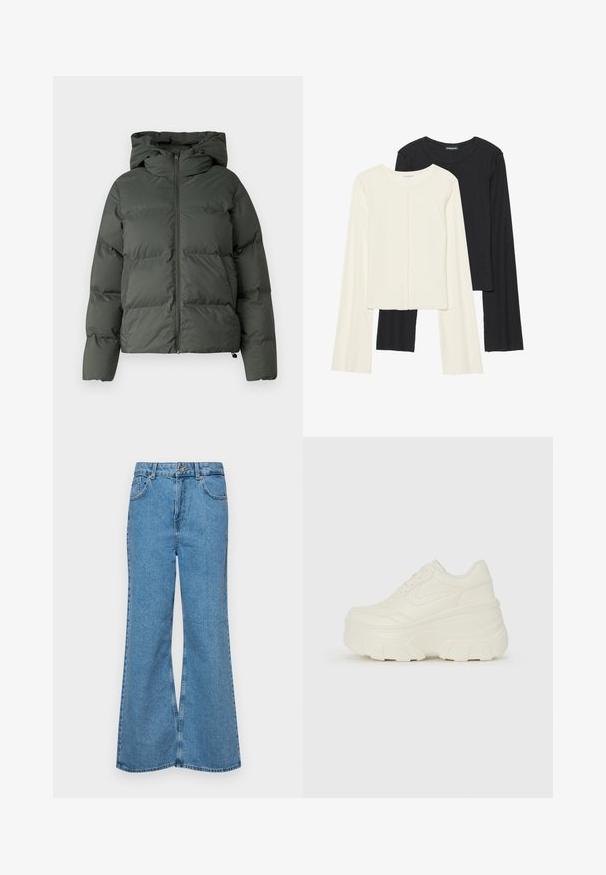 Sötétzöld puffertakó, kapucnival, cipzáras elülső résszel és vízszintes bafflekkel ellátott steppelt textúrával. Simább matt felület.; Két darabból álló hosszú ujjú felsők szettje fehér és fekete színben. Bordás textúra, kerek nyakkivágás, testhez simuló fazon, enyhén bővülő ujjakkal.; Világoskék, trapézszárú farmernadrág, magas derékkal, öt zsebbel és egy gombos záródással. Puha tapintású, magasított effektusú anyag.; Fehér platform sportcipők, sima bőrszerű felsőrésszel, kerek formával, párnázott bokával és texturált gumitalppal, jól definiált mintázattal.