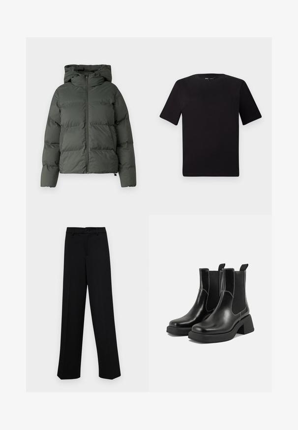 Puffer jacket in dark green, featuring a hood, zippered front, and quilted texture with horizontal baffles. Smooth matte finish.; Black short-sleeve t-shirt with a round neckline, crafted from soft cotton fabric. Simple design, no visible logos or patterns.; Black wide-leg trousers made of smooth fabric, featuring a classic waistband with a button closure and front pleats.; Black leather Chelsea boots with a chunky heel, elastic side panels, and contrasting white stitching. Textured finish.