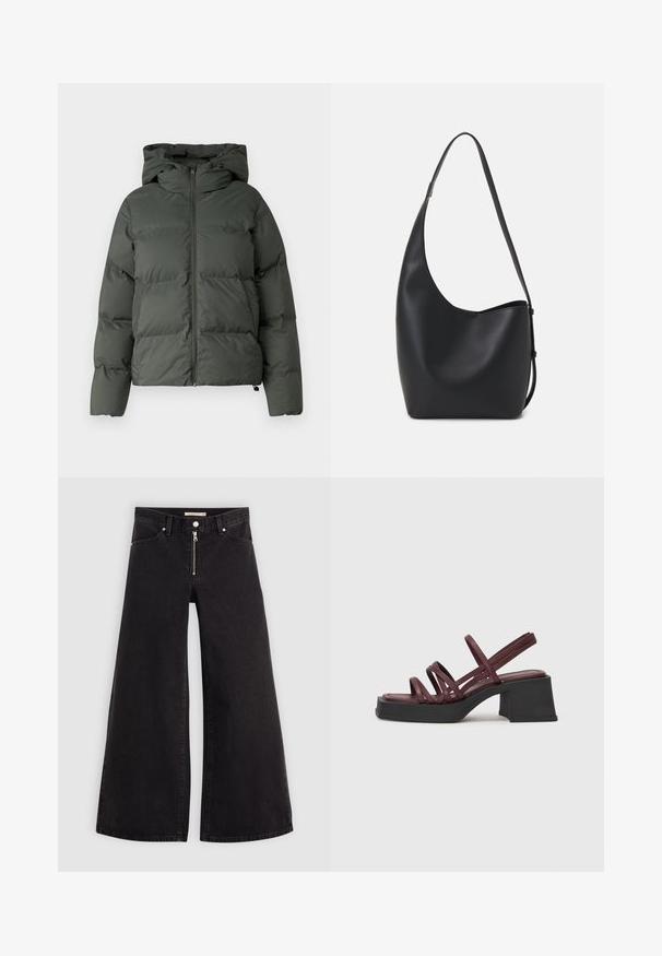 Patrika jakna tamnozelene boje, s kapuljačom, patentnim zatvaračem sprijeda i quiltanom teksturom s horizontalnim šavovima. Glatka mat površina.; Crni majica od pamuka, s kratkim rukavima preko bijele dugorukave slojevite s suptilnim teksturiranim uzorkom. Dizajn s okruglim izrezom.; Široke traperice od crnog denima s prednjim zatvaračem, dizajnom s pet džepova i suptilnim detaljima šivanja. Glatka tekstura i ležeran stil.; Vagabond HENNIE - Natikače na petu - cherry; Crna kožna hobo torba s glatkom teksturom, zakrivljenim oblikom i jednom podesivom trakicom; ima širok otvor na vrhu.