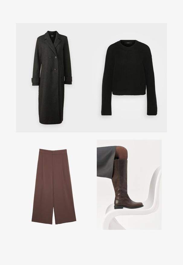 Il cappotto in misto lana grigio scuro presenta un design doppiopetto, rever a punta e polsini con bottoni. Mostra una silhouette dritta classica.; Maglione nero a maglia con girocollo e maniche lunghe. Presenta un motivo testurizzato e un design corto.; Pantaloni ampi marroni con una texture liscia, caratterizzati da una vita alta e pieghe frontali. Il tessuto è leggero e scorre liberamente.; Stivale in pelle marrone alto fino al ginocchio con punta arrotondata, superficie liscia e dettagli di cucitura minimi, posato su uno sfondo chiaro su una sedia bianca.