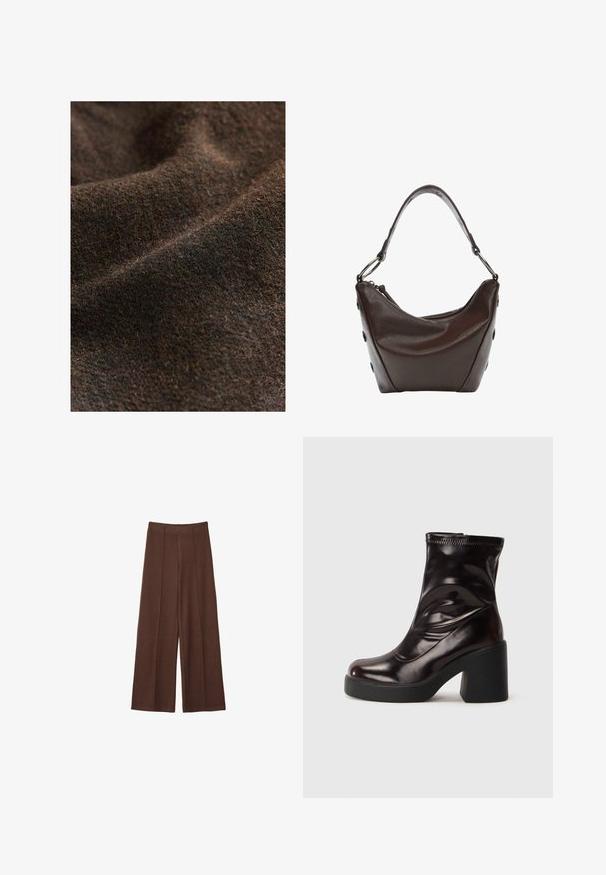 Mörkbrun texturerad tyg med subtila färgvariationer, som har en mjuk, vävd look och en matt yta.; Långärmad, figurnära topp i mörkbrunt tyg. Rund halsringning, slät yta och något förlängda ärmar utan manschetter.; Bruna vida byxor gjorda av mjukt tyg, med hög midja, vertikala sömdetaljer och en slät yta.; Blanka, svarta ankelboots med kraftig klack och rund tå, slätt läderöverdrag med subtila sömdetaljer.; Mörkbrun läderhandväska med en böjd form, dragkedjsstängning och ett kort handtag. Har metallbeslag och dekorativa svarta knappar på sidan.