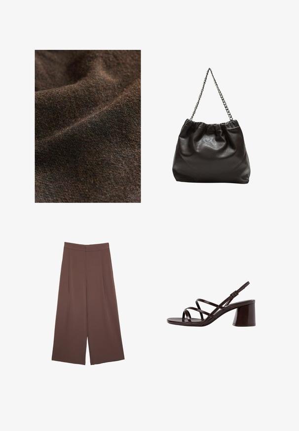 Mørkebrun teksturert stof med subtile farvevariationer, der har et blødt, vævet udseende og en mat finish.; Brun kortærmet t-shirt lavet af blødt stof, med rund halsudskæring og afslappet pasform. Ingen synlige mønstre eller detaljer.; Brune bredbunde bukser med en glat tekstur, der har høj talje og plisseringer foran. Stoffet er let og falder løst.; Brune strop sandal med høj hæl og kraftig hæl, der har en glat, blank finish og flere krydskrydsede stropper på overdelen.; Brun lædertaske med en rynket top og en kædestrop. Glat tekstur med en blank finish og subtile sømdetaljer på siderne.