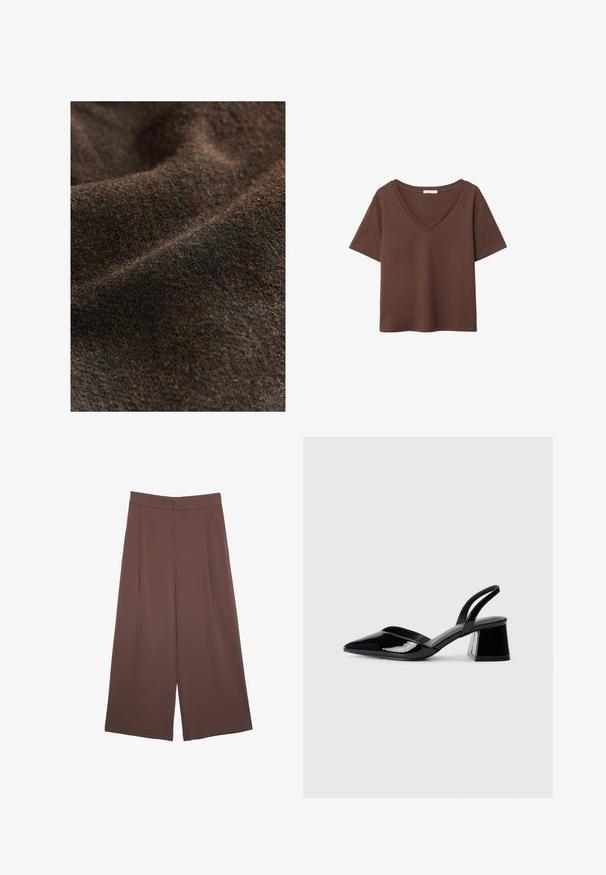 Tmavě hnědá strukturovaná látka s jemnými barevnými variacemi, která se vyznačuje měkkým tkaným vzhledem a matným povrchem.; Hnědý bavlněný tričko s krátkými rukávy a hlubokým V-výstřihem. Jednoduchý design, měkká textura a rovný lem. Žádné vzory ani akcenty.; Hnědé široké kalhoty s hladkou texturou, vysokým pasem a předními záhyby. Materiál je lehký a volně splývá.; Černé lakované kožené lodičky na pásku s špičatou špičkou a geometrickým blokovým podpatkem. Vyznačují se elegantním, minimalistickým designem a hladkým povrchem.