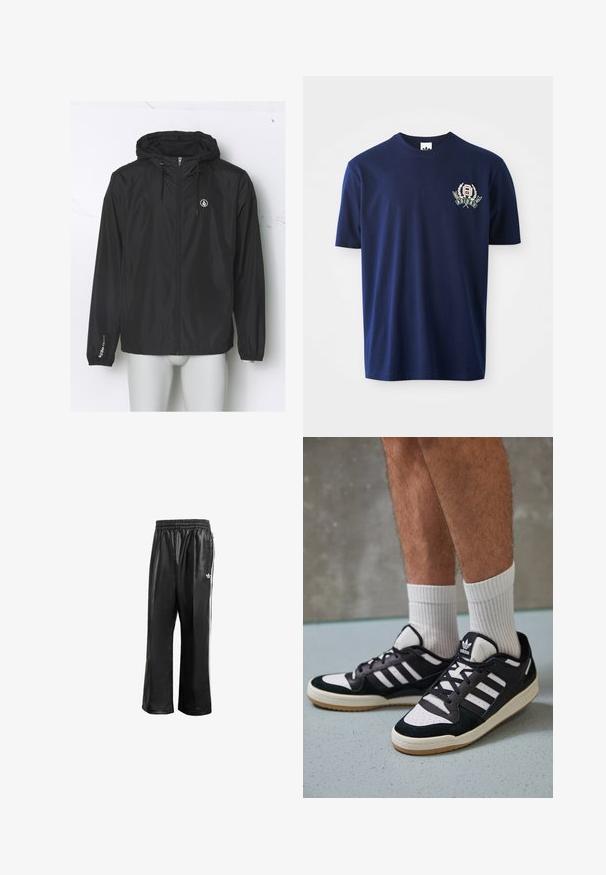 Črn lahki vetrovnik s kapuco, sprednjim zadrgo, elastičnimi manšetami in logotipom na prsih; izdelan iz gladkega, vodoodpornega blaga.; Temno modra bombažna majica s kratkimi rokavi, okroglim ovratnikom in vezenim logotipom z lovorovimi poudarki na levi strani prsnega koša.; Črne sintetične športne hlače z elastičnim pasom, z belimi stranskimi črtami in s majhnim belim logotipom na levem kolku.; Črno-bele superge z zgornjim delom iz usnja in nubuka, ki imajo tri bele črte, perforiran vrh prstov in podplat iz gume.