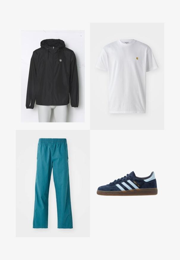 Fekete, könnyű szélálló dzseki kapucnival, elülső cipzárral, rugalmas mandzsettákkal és logóval a mellkason; sima, vízlepergető anyagból készült.; Fehér pamut póló rövid ujjakkal, kerek nyakkal, bal mellel egy kis arany logóval. Puha tapintású és normál fazonú.; Törökzöld színű nadrág könnyű anyagból, rugalmas derékkal és egyenes szabással oldalra zsebekkel.; Sötétkék velúr Adidas sneaker világoskék csíkokkal, gumitalppal, világoskék saroktabbal és arany "Spezial" márkázással az oldalon.
