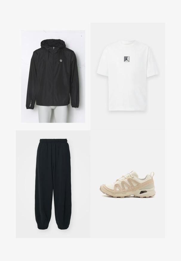 Zwarte lichtgewicht windjack met een capuchon, voorrits, elastische manchetten en een logo op de borst; gemaakt van glad, waterafstotend materiaal.; Witte katoen t-shirt met een centraal zwart en grijs logo grafiek. Klassieke ronde halslijn en korte mouwen met een losse pasvorm.; Zwarte, elastiche sweatpants met een losse pasvorm, manchetten aan de enkels, een zachte textuur en zonder zichtbare patronen of hardwareaccenten.; Beige en crème sportschoen met een textuur-mesh bovenwerk, ondersteunende overlays en een rubberen zool met een profielpatroon voor grip.