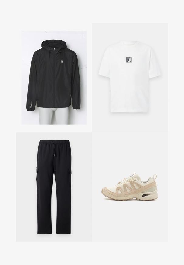 Cazadora ligera negra con capucha, cremallera frontal, puños elásticos y un logo en el pecho; fabricada con un tejido suave y resistente al agua.; Camiseta de algodón blanca con un gráfico de logo central en negro y gris. Cuello redondo clásico y mangas cortas con un corte relajado.; Pantalones cargo negros con un corte relajado, cinturilla elástica y cordón. Cuenta con dos bolsillos laterales para almacenamiento. Tejido suave al tacto.; Zapatilla deportiva beige y crema con parte superior de malla texturizada, superposiciones de soporte y suela de goma con un patrón de tracción.