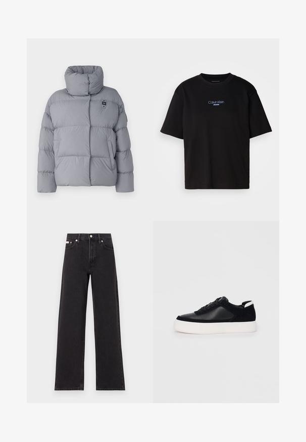 Gray puffer jacket with a high collar, quilted pattern, front pocket, and branded tag on the upper left side. Smooth texture.; Black cotton t-shirt with a round neck, short sleeves, and blue embroidered "Calvin Klein JEANS" logo on the front.; Black wide-leg jeans made of denim, featuring a high-rise waist, five-pocket styling, and a metal button closure with contrasting stitching.; Black sneaker with smooth leather and suede panels, flat laces, rounded toe, and a white rubber sole. Distinct logo on the heel.