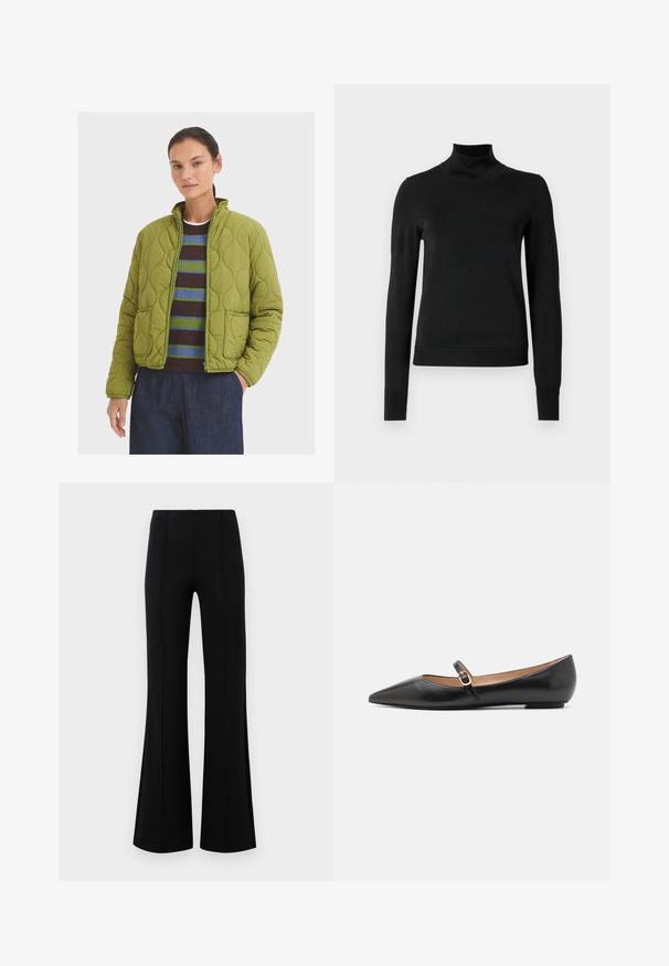Quiltet grøn jakke med høj krave, to forlommer og lynlås. Båret over en stribet sweater og mørke bukser.; Sort langærmet turtleneck sweater med ribbede manchetter og kant, vist på en simpel hvid baggrund.; Sorte højtaljede flared bukser lavet af strækbart stof. Har vertikale sømdetaljer foran og en glat tekstur.; Sorte læder balletflade med spids tå og en side rem med et rundt guldaccent. Letvægts med en flad sål.