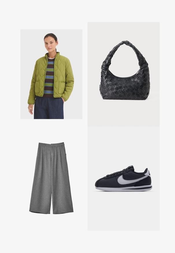 Quiltet grøn jakke med høj krave, to forlommer og lynlås. Båret over en stribet sweater og mørke bukser.; Smocket bluse med et ternet mønster i sort, hvid og beige. Rynket halsudskæring og manchetter, lange ærmer, cropped fit.; Grå brede culottestil bukser med bæltestropper, sidelommer og for-pleats, lavet af et blødt stof.; Sort atletisk sko med grå accenter, glat syntetisk overdel, tekstureret sål, afrundet tå og flade snørebånd. Klassisk design med logodetalje.; Sort læder vævet skuldertaske med et afrundet håndtag og en halvmåneformet krop på en ensfarvet baggrund.