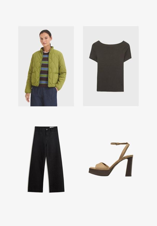 Pikowana zielona kurtka z kołnierzem stójkowym, dwoma przednimi kieszeniami i zamkiem błyskawicznym. Nosi ją osoba na paskowanym swetrze i ciemnych spodniach.; Czarna szara bluzka z krótkim rękawem i dekoltem w kształcie łódki. Wykonana z prążkowanej tkaniny, ma luźny krój i czyste wykończenie. Prosty design, bez wzorów.; Czarne dżinsowe spodnie o szerokich nogawkach i wysokim stanie, z przednimi i tylnymi kieszeniami, przeszyciami oraz zapięciem na guziki. Gładka struktura.; Beżowe zamszowe sandały na wysokim obcasie z szerokim paskiem z przodu i paskiem za kostkę, z masywnym drewnianym obcasem o teksturowanym wykończeniu.