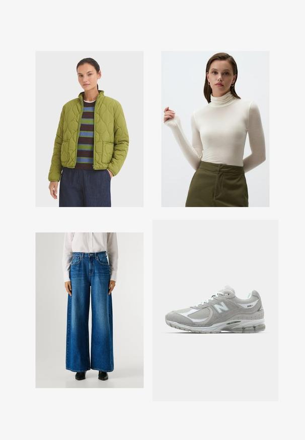 Giacca verde trapuntata con colletto alto, due tasche frontali e zip. Indossata sopra un maglione a righe e pantaloni scuri.; Maglietta a maniche lunghe color crema con colletto a dolcevita realizzata in tessuto leggero; design aderente con un leggero lucido e maniche lunghe; abbinata a pantaloni verde oliva.; Jeans a gamba larga blu con vita alta, realizzati in denim, dotati di tasche anteriori e chiusura con bottone. Texture liscia con un lavaggio classico.; Sneaker New Balance 2002R grigio chiaro presenta una tomaia in suede e mesh, dettagli bianchi, suola ammortizzata e tecnologia di ammortizzazione visibile.