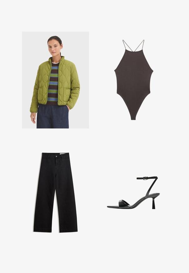 Quiltet grøn jakke med høj krave, to forlommer og lynlås. Båret over en stribet sweater og mørke bukser.; Brun højhalset heldragt badedragt med tynde, justerbare stropper; har højt skåret ben og glat tekstur. Ingen mønstre eller udsmykninger.; Sorte wide-leg denim bukser med høj talje, der har front- og baglommer, syede sømme og en knaplukning. Glat tekstur.; Bershka Højhælede sandaletter / Højhælede sandaler - black