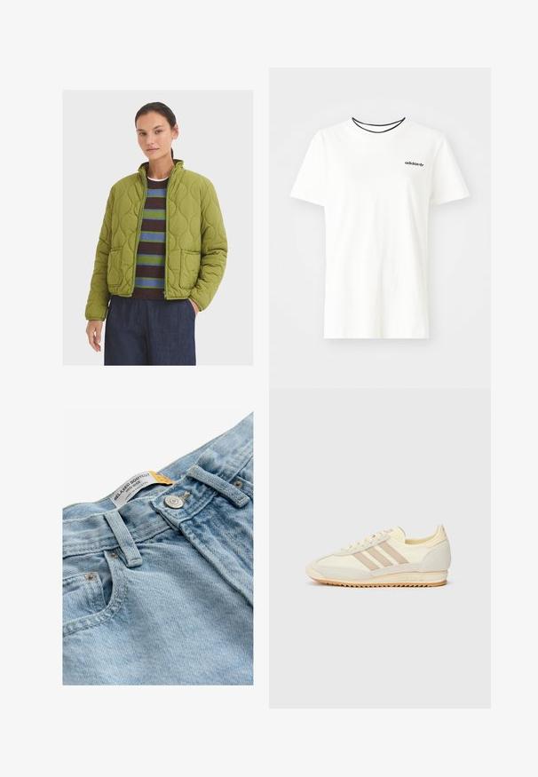Zelena jakna s qiltanjem, s visokim ovratnikom, dva prednja džepa i zatvaračem. Nosi se preko prugaste majice i tamnih hlača.; Bijela pamučna majica kratkih rukava s okruglim izrezom. Ima crni Adidas logo na prsima i kontrastnu crnu unutrašnju ovratniku.; Svijetloplavi traperice sa opuštenim krojem bootcut, srednji struk, metalno dugme za zatvaranje i oznakom "OPUŠTENI BOOTCUT."; Kremaste atletske tenisice s tri bež pruge, od nubuk kožne i tekstilne tkanine, s teksturiranim potplatom i utisnutim brendiranjem na peti.