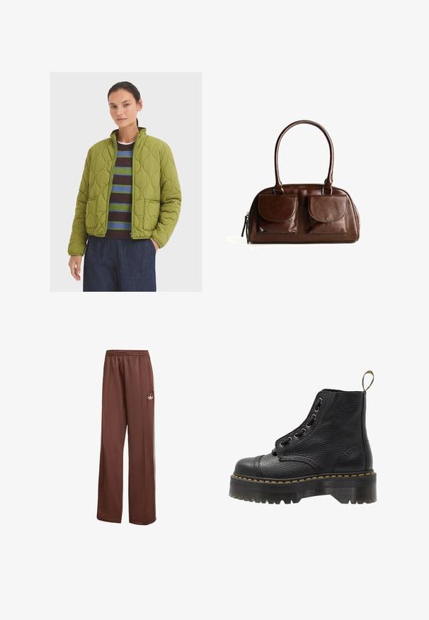 Quiltet grøn jakke med høj krave, to forlommer og lynlås. Båret over en stribet sweater og mørke bukser.; Kaffe YOKO BOATNECK - T-shirts basic - zinfandel; Brune sportsbukser med en afslappet pasform. Lavet af glat stof, med sidelommer, hvide striber og et lille hvidt logo på låret.; Sorte læder ankelstøvler med tekstureret overflade, rund tå, snørebåndsdesign, gule stikninger og en tyk, rillet sort platformsål.; Brun læderhåndtaske med to frontklaplommer, runde håndtag og en lynlås på siden mod en hvid baggrund.