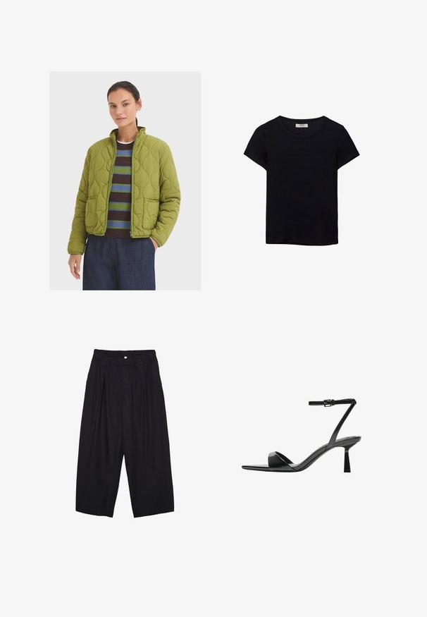 Prešívaná zelená bunda s vysokým golierom, dvoma prednými vreckami a zipsom. Nosená cez pruhovaný sveter a tmavé nohavice.; Čierne tričko s krátkym rukávom vyrobené z jemného materiálu. Má klasický okrúhly výstrih a voľný strih. Bez vzorov alebo akcentov.; Čierne polyesterové culotte nohavice s elastickým pásom, dvoma prednými záhybmi a voľným strihom. Žiadne viditeľné vzory ani detaily z kovu.; Bershka Sandále na vysokom opätku - black