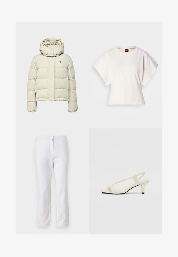 Calvin Klein puffatakki off-white värviga. Omab polsterdatud kujundust, reguleeritavat kapuutsi, esistantsluku sulgemist ja logo detaili vasakul rinnal.; Valkoinen lyhythihainen t-paita, leveät lyhyet hihat, pehmeää puuvillamateriaalia, pyöreä pääntie jossa hienovarainen oranssi reunus, minimaalinen muotoilu, ei kuvioita tai graafisia elementtejä.; Valkoiset puuvillahousut suoralla lahkeella, joissa on keskikorkea vyötärö ja ei näkyviä varusteita tai kuvioita. Ehjä pinta kauttaaltaan.; Beige sandaalit, joissa on loiva korko, ohuet hihnat ja neliönmallinen varvasosa. Sileä materiaali, jossa on minimaalista yksityiskohtaa, suunniteltu helppokäyttöiseksi.