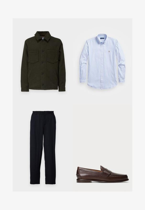 Temno zelena volnena jakna s ovratnikom, gumbom spredaj, dvema žepoma na prsih in žepi na straneh. Z značilno teksturo in sproščenim krojem.; Svetlo modra in bela prugasta srajca z gumbi, klasičnim ovratnikom, dolgimi rokavi in majhnim vezenim logotipom na prsih.; Libertine-Libertine ALIVE - Hlače - dark navy; Temno rjavi usnjeni penny loafer z nizkim peto, šivanim moc toe in detajlom traku čez zgornji del, prikazan na beli podlagi.