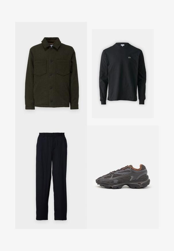 Temno zelena volnena jakna s ovratnikom, gumbom spredaj, dvema žepoma na prsih in žepi na straneh. Z značilno teksturo in sproščenim krojem.; Črna dolgi rokavi majica iz bombaža, z okroglim ovratnikom in majhnim zelenim vezenim logotipom krokodila na levem prsnem delu.; Libertine-Libertine ALIVE - Hlače - dark navy; Lacoste teniske v temno sivi barvi z mrežasto in sintetično prevleko, s teksturiranim podplatom in rjavimi detajli na ovratniku ter blagovni znamki.