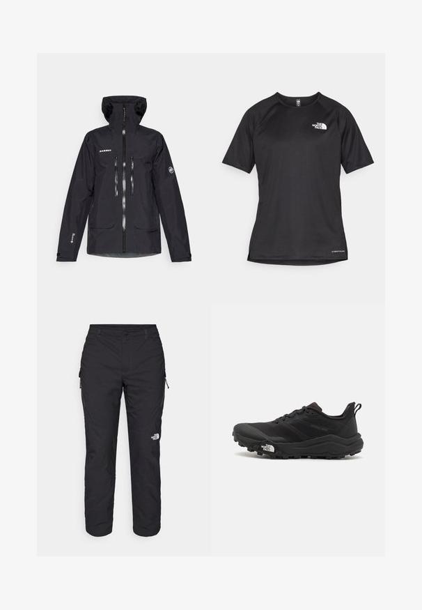 Juodas vandeniui atsparus džemperis su gobtuvu, keliomis užtrauktukais užsegamomis kišenėmis, atspindinčiais elementais ir reguliuojamais rankogaliais. Lygus paviršius ir ergonomiškas dizainas.; Juoda trumpa rankovė atletinė marškinė, pagaminta iš tekstūruotos medžiagos, su baltu logotipu kairėje krūtinės pusėje ir tiesiu apdailos kraštu.; The North Face WINTER EXPLORATION TAPERED CARGO - Lauko kelnės - black; Juoda bėgimo batai su tekstūruotu paviršiumi, guma padais ir sustiprinta pirštų dalimi. Yra paminkštinta apykaklė ir kilpos, leidžiančios lengvai užsidėti.