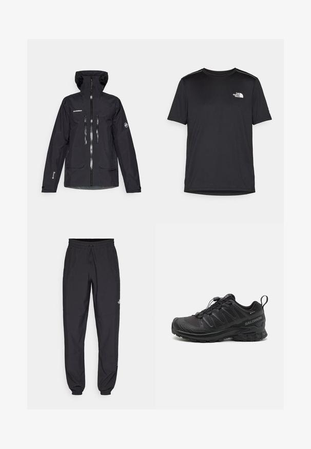 Zwarte waterdichte jas met capuchon, meerdere ritszakken, reflecterende details en verstelbare manchetten. Gladde textuur en ergonomisch ontwerp.; Zwarte T-shirt met korte mouwen, gemaakt van lichtgewicht stof. Bevat een klein wit logo op de linkerborst en verfijnde schouderaccenten.; Zwarte sportieve broek gemaakt van lichtgewicht stof, met een trekkoord in de taille, zijzakken en taps toelopende boorden bij de enkels.; Zwarte sportieve schoen met een gestructureerde synthetische bovenkant, een gevoerde zool en een snelvetersysteem. Heeft een verstevigde neus en hiel.