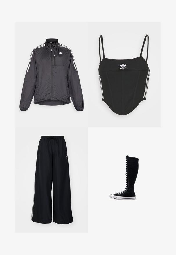 Sort letvægts løbejakke med høj krave, frontlynlås, elastiske manchetter og hvide aksentstriber langs skuldrene.; Sort ribbet crop top med justerbare tynde stropper, der har tre hvide striber på siderne og et lille hvidt Adidas-logo i midten.; Sorte vide bukser lavet af letvægtsstof. Har en elastisk talje med snøre og hvide sidelister. Brandlogo på hoften.; Sorte høje sneakers med et højt design, lavet af kanvas. Har hvide snørebånd, syninger og en gummisål med en tåhætte.
