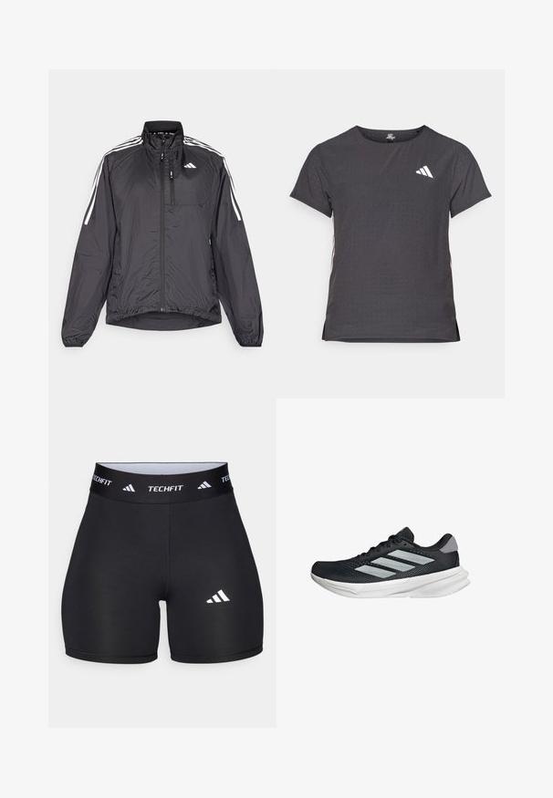 Schwarze, leichte Laufjacke mit hohem Kragen, Frontreißverschluss, elastischen Bündchen und weißen Akzentstreifen an den Schultern.; Kurze Ärmel Sport-T-Shirt, dunkelgrau mit durchbrochener Textur. Enthält ein weißes Logo und kontrastierende Seitenstreifen. Runder Ausschnitt.; Schwarze Shorts aus dehnbarem Stoff mit passgenauer Passform. Verfügt über einen breiten schwarzen Bund, der mit "TECHFIT" beschriftet ist, und ein weißes Logo am Bein.; Schwarzer Laufschuh mit Mesh-Obermaterial, drei silbernen Streifen, weißer Zwischensohle und strukturiertem Außensohle. Verfügt über einen gepolsterten Schaft und eine Schnürung.