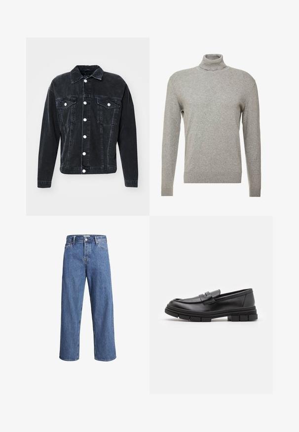 Only & Sons ONSJUST BOX JACKET - Casaco de ganga - medium grey denim; Sweater cinzento com gola alta e mangas longas. Feito de um material suave e liso com um design ajustado e detalhes canelados na bainha.; Jeans de denim azul claro com um design de perna reta, cintura alta e detalhes de costura mínimos. O tecido tem uma textura suave e ligeiramente desbotada.; Mocassins de couro preto com um acabamento liso, apresentando um detalhe de tira na parte frontal e uma sola de borracha robusta com acabamentos estriados.