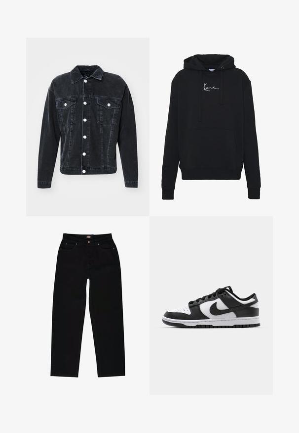 Only & Sons ONSJUST BOX JACKET - Farmerdzseki - medium grey denim; Fekete kapucnis pulóver puha anyagból, elülső zsebbel, húzózsinórral és fehér logóhímzéssel a mellkason. Klasszikus szabású és bordázott mandzsettával.; Fekete farmernadrág egyenes fazonnal, öt zsebbel, barna cérnával és cipzáros záródással. Sima tapintású és tartós anyagú.; Fekete-fehér Nike Dunk sportcipők, bőr felső résszel, perforált orrral, fekete fűzőkkel és fekete gumitalppal, amelyen barázdás minta található.