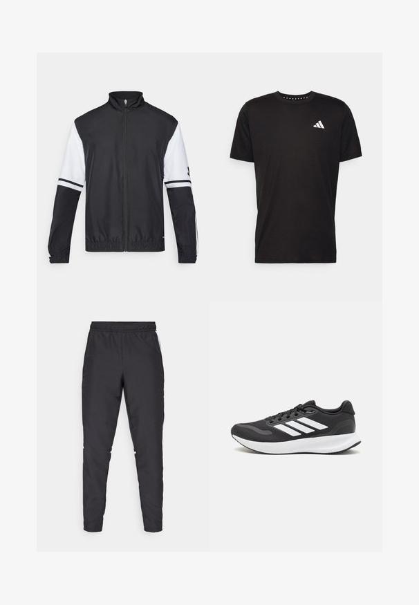 Crno-bijela jakna s visokim ovratnikom, punim zatvaračem sprijeda, elastičnim manžetama i prugastim detaljima na rukavima. Izrađena od glatkog, laganog materijala.; Crna pamučna majica s kratkim rukavima, okruglim izrezom i bijelim logotipom na lijevoj strani prsnog koša. Glatka tekstura i jednostavan dizajn.; Crne atletske hlače s elastičnim strukom, sužavajućim nogavicama i bijelim bočnim naglascima. Izrađene od sintetičkog materijala s glatkom teksturom.; Crne atletske tenisice s prozračnom mrežicom na gornjem dijelu, bijelim akcentima i mekanim potplatom. Imaju logo s tri pruge sa strane.