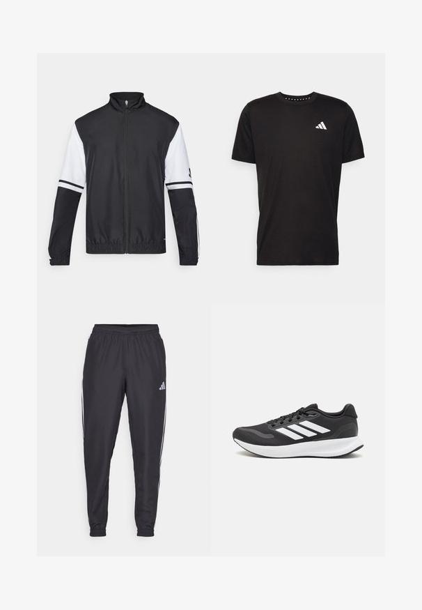 Jachetă alb-negru cu guler înalt, fermoar pe toată lungimea, manșete elastice și accente în dungi pe mâneci. Fabricată dintr-un material neted și ușor.; Tricou negru din bumbac, cu mâneci scurte, de tip crew neckline, cu un logo alb pe pieptul stâng. Textură netedă și design simplu.; Pantaloni atletici negri cu talie elastică, având dungi albe pe laterale și un mic logo pe șold. Textură netedă.; Pantof cu aspect sport de culoare neagră, cu un upper din plasă respirabilă, accente albe și o talpă amortizată. Include logo-ul cu trei dungi pe lateral.