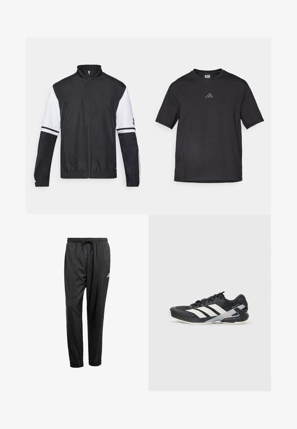 Čierno-biela bunda s vysokým golierom, plný predný zips, elastické manžety a pruhované akcenty na rukávoch. Vyrobená z hladkej, ľahkej tkaniny.; Čierne atletické tričko vyrobené z priedušného materiálu, s krátkymi rukávmi, okrúhlym výstrihom a reflexným logom na hrudi.; Čierne športové nohavice s elastickým pásom, šnúrkou na stiahnutie, sčinenými členkami a malým bielym logom na pravej stehne.; Čierna športová obuv s bielymi pruhmi, sieťovinový zvršok, zaoblená špička a polstrovaná podrážka. Obsahuje štruktúrovaný opätok a bezpečný systém šnurovania.