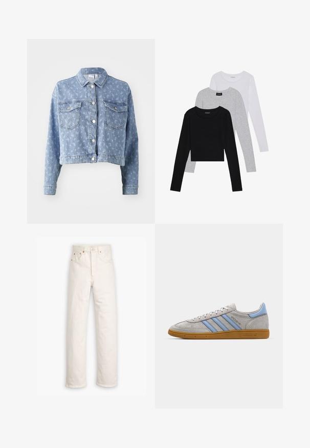 Casaco de ganga azul claro com um corte cropped, fecho de botões, dois bolsos no peito e uma textura floral subtil. Design de gola standard.; Três camisetas de manga longa empilhadas: preta, cinza e branca. Cada uma tem um decote redondo e um design cropped, feitas de um tecido leve e suave.; Jeans de denim branco com um design de perna reta, estilo de cinco bolsos e detalhes em hardware cobre. Acabamento com bainha crua nos tornozelos.; Sneaker cinza em camurça com riscas azul claras, sola de borracha color de caramelo e detalhes de logótipo. Design de cano baixo com biqueira redonda e fecho de atacadores.
