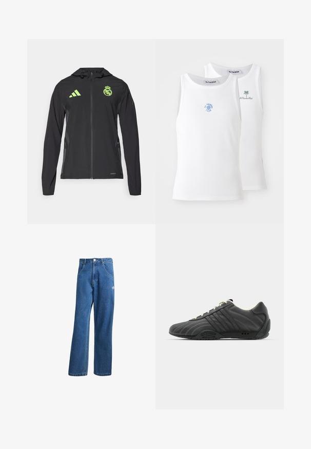adidas Performance REAL MADRID TIRO25 PRO VIS TECH TRAVEL JACKET - Club wear - black/lucid lemon; Two white tank tops, ribbed texture, featuring blue and green embroidered logos. One has a sun design, the other a palm tree.; Blue high-waist wide-leg denim jeans with front pockets, belt loops, button closure, and small Adidas logo on the right thigh.; adidas Originals ADIRACER UNISEX - Trainers - core black/cream white