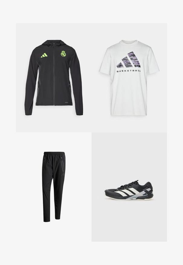 adidas Performance REAL MADRID TIRO25 PRO VIS TECH TRAVEL JACKET - Roupa de discoteca - black/lucid lemon; T-shirt de algodão branco com mangas curtas, apresentando uma impressão gráfica em roxo e preto de três faixas e a palavra "BASKETBALL."; Calças de treino pretas com uma cintura elástica, dois bolsos laterais com fecho, pernas ajustadas e um discreto detalhe de logotipo no quadril.; Sapata atlética preta com riscas brancas, parte superior em malha, biqueira arredondada e sola acolchoada. Apresenta um calcanhar texturizado e um sistema de atacadores seguro.