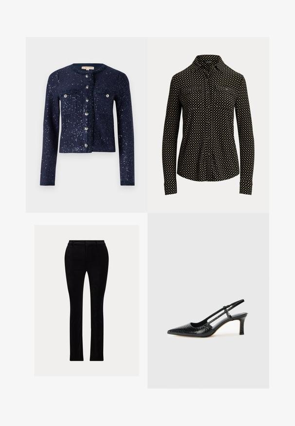 Marine cardigan med glitrende paljetter, rund halsutskjæring og to brystlommer. Har knappestolpe med metalliske detaljer og teksturert materiale.; Svart knapp-up skjorte med hvitt rutemønster, lange ermer, krage og to frontlommer, laget av et mykt stoff.; Sorte bukser laget av et glatt, fløyelsaktig stoff. Skreddersydd passform med rette ben, som har en tradisjonell midje og beltehemper.; Sorte patent slingback hæl med spids tå, featuring tekstureret slangeskind, justerbar rem og en kort, tekstureret blokhæl.