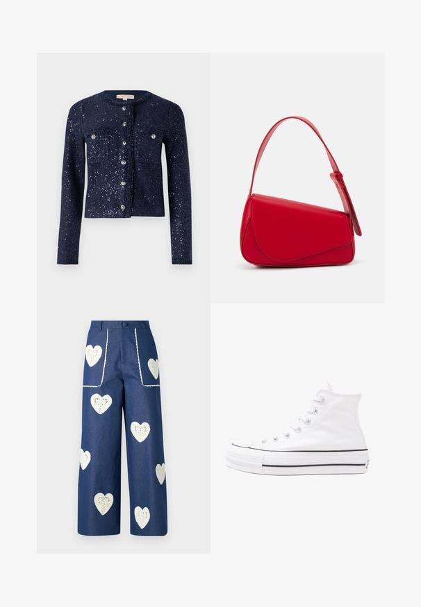 Granatowy kardigan z błyszczącymi cekinami, okrągłym dekoldem i dwiema kieszeniami na piersiach. Posiada zapięcie na guziki z metalowymi akcentami oraz fakturowany materiał.; Bluzka w kwiaty z długimi bufkami, w jasnym kremowym kolorze, z fioletowymi, pomarańczowymi i zielonymi wzorami kwiatowymi oraz klasycznym kołnierzykiem.; Sister Jane HEART TO HEART niebieski denim; Białe wysokie trampki z płótna z czarną gumową podeszwą, przednim czubkiem z gumy i sześcioma dziurkami na sznurowadła, charakteryzujące się prostym, minimalistycznym designem.; Czerwona skórzana torebka o kanciastym, geometrycznym designie. Posiada jedną regulowaną rączkę oraz zapięcie na klapę z przeszyciami.