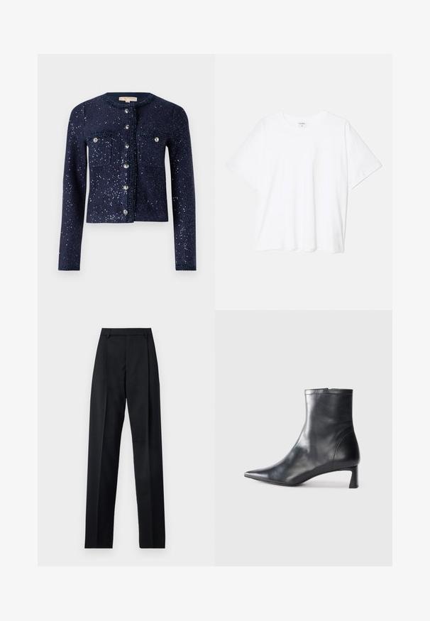 Mornarski cardigan s svetlečimi bleščicami, okroglim izrezom in dvema žepoma na prsih. Ima gumbno zapiranje z metalnimi poudarki in teksturirano površino.; Bela bombažna majica s kratkimi rokavi, okroglim izrezom, sproščenim krojem in šivanim robom. Oznaka vidna na notranji strani izreza.; Črne hlače iz gladkega materiala, ki imajo visok pas, široke noge, sprednje nabore in klasične zanke za pas. Nevidni stranski žepi.; Črne usnjene gležnjarje s šiljastim nosom in elegantnim dizajnom. Imajo nizko peto in zadrgo na zadnji strani. Gladka tekstura.