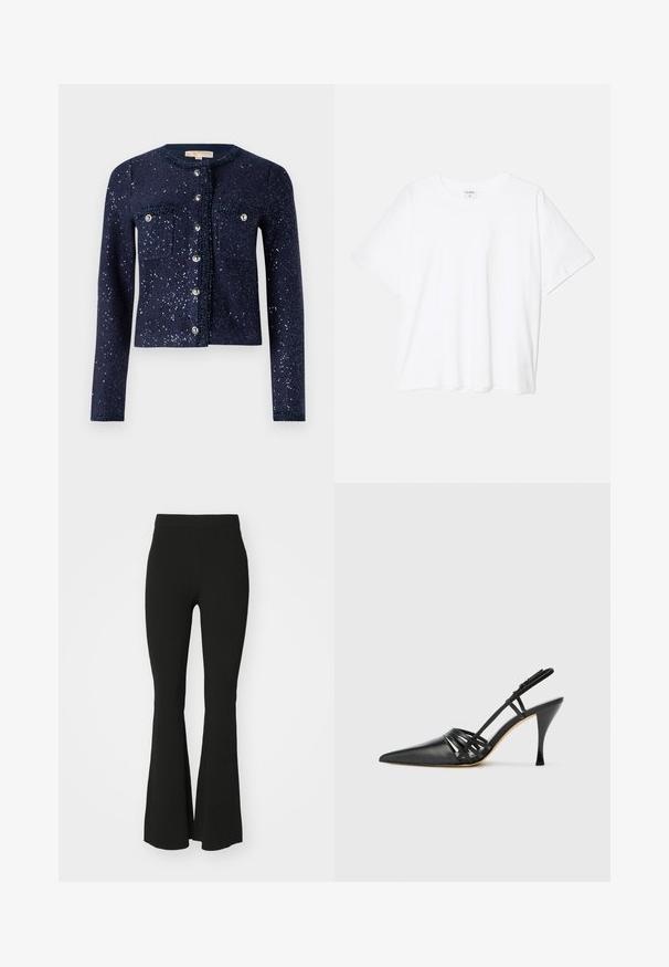 Cardigã azul-marinho com lantejoulas brilhantes, decote redondo e dois bolsos no peito. Apresenta fecho de botão com acabamentos metálicos e material texturizado.; T-shirt de algodão branco com mangas curtas, decote redondo, corte descontraído e bainha cosida. Etiqueta visível no interior do pescoço.; Calças flare pretas feitas de tecido elástico, com uma cintura alta e uma superfície lisa e sem extravagâncias. Design simples e ajustado ao corpo.; Sapato slingback de couro preto com salto alto, bico fino, design de tiras cruzadas e salto stiletto slim. Textura suave e acentos mínimos.
